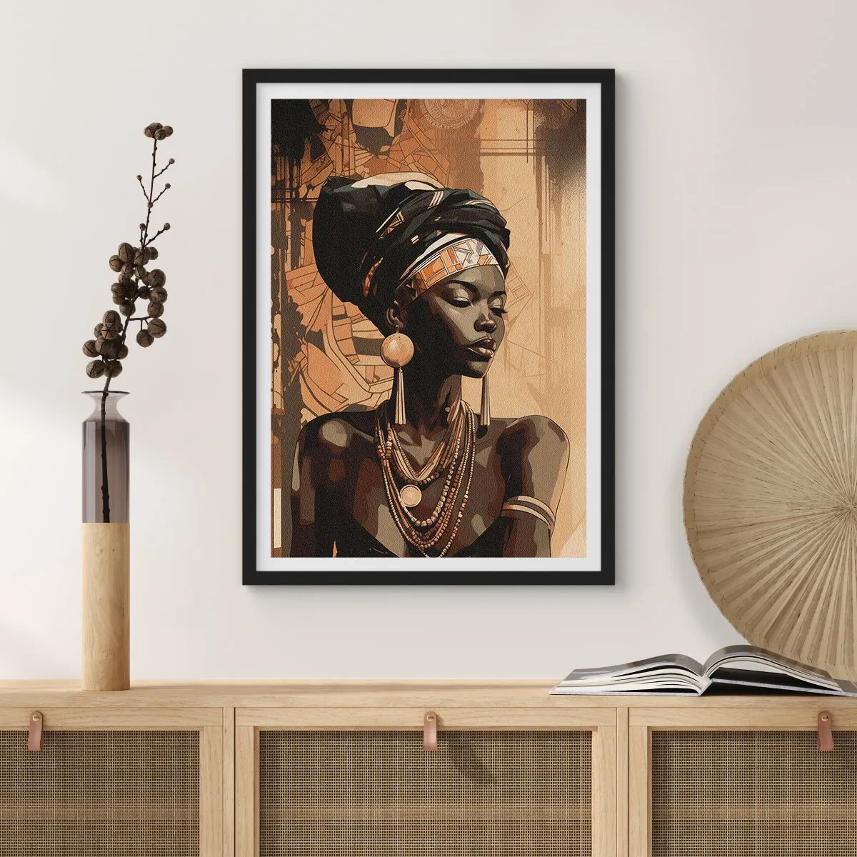 Poster în ramă neagră - Portretul unei femei africane purtând ornamente tradiționale - 50x70cm - Maiestatea africană - Decorațiune modernă pentru perete pentru living și dormitor ARTTOR