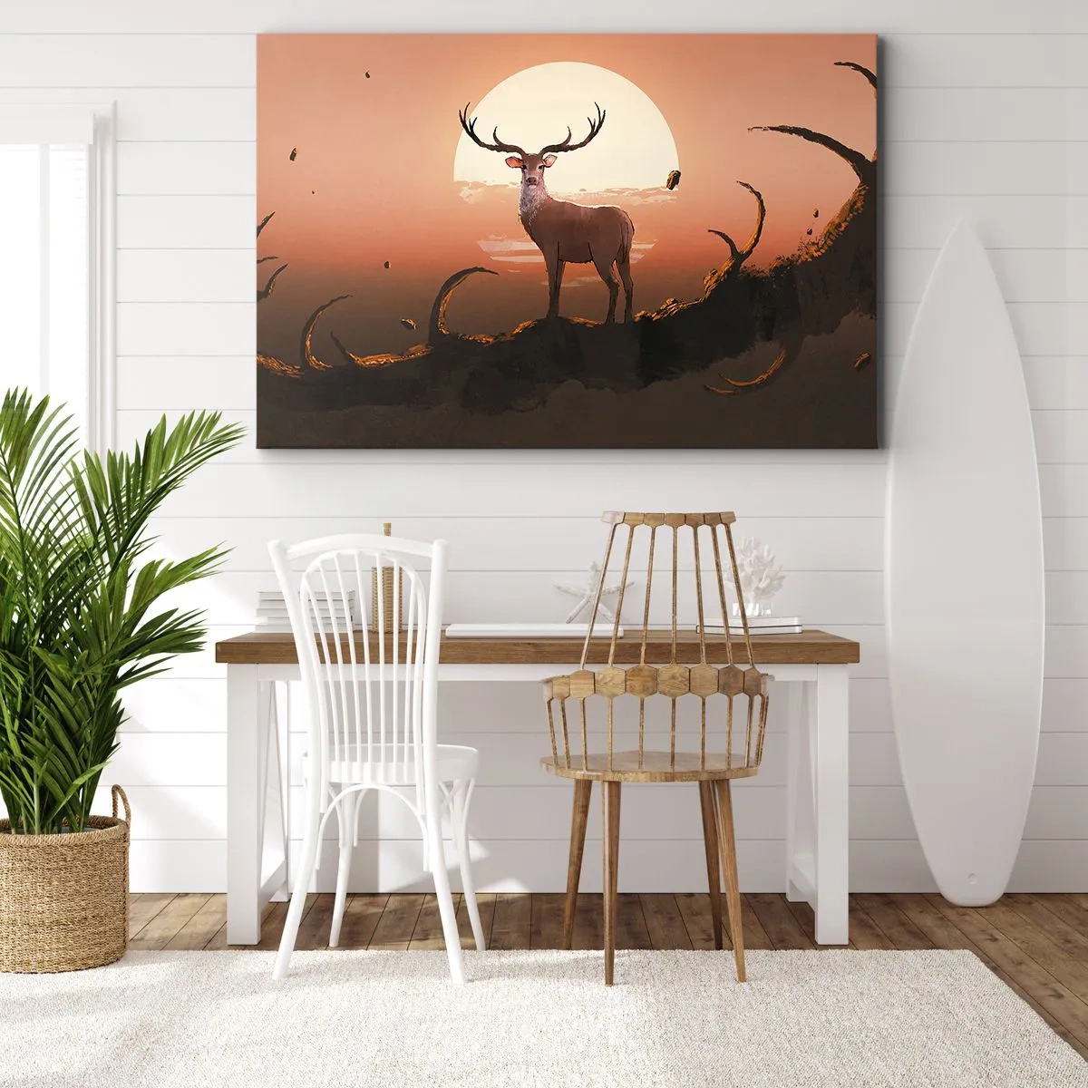 Tablou pe pânză Canvas - Un cerb pe fundalul apusului de soare și al unui peisaj suprarealist - 70x50cm - Această noapte este diferită de oricare alta - Decorațiune modernă pentru perete pentru living și dormitor ARTTOR