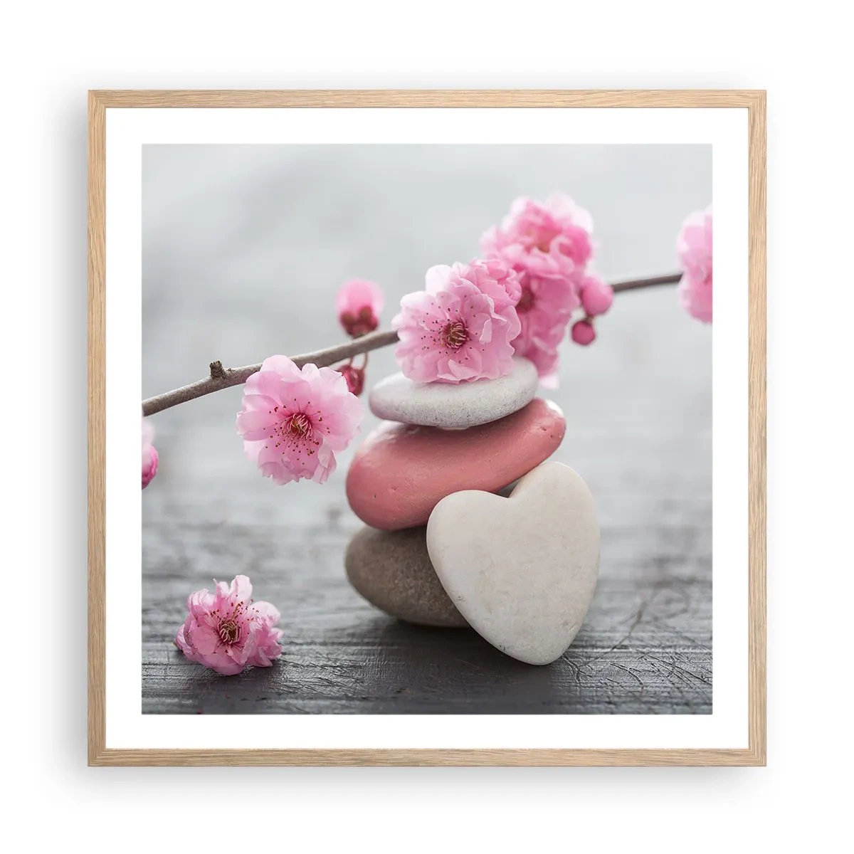 Poster în ramă de stejar deschis - Fericirea florilor de cireș - 60x60 cm