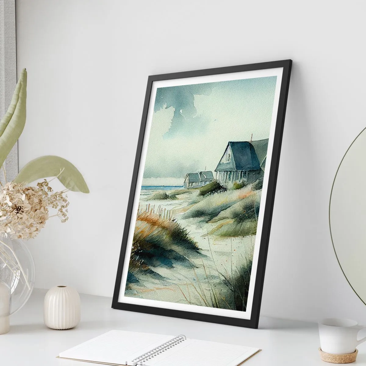 Poster în ramă neagră - Casă de plajă în acuarelă cu vedere la mare - 50x70cm - Departe de agitație - Decorațiune modernă pentru perete pentru living și dormitor ARTTOR