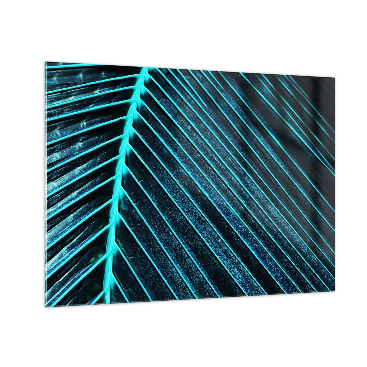 Tablou pe sticlă - Fotografie macro a unei frunze de palmier în nuanțe de turcoaz - 70x50cm - Textura verdelui - Decorațiune modernă pentru perete pentru living și dormitor ARTTOR