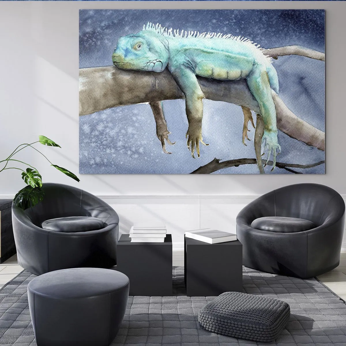 Tablou pe sticlă - Iguana albastră întinsă pe o creangă în stil acuarelă - 70x50cm - Este bine! - Decorațiune modernă pentru perete pentru living și dormitor ARTTOR