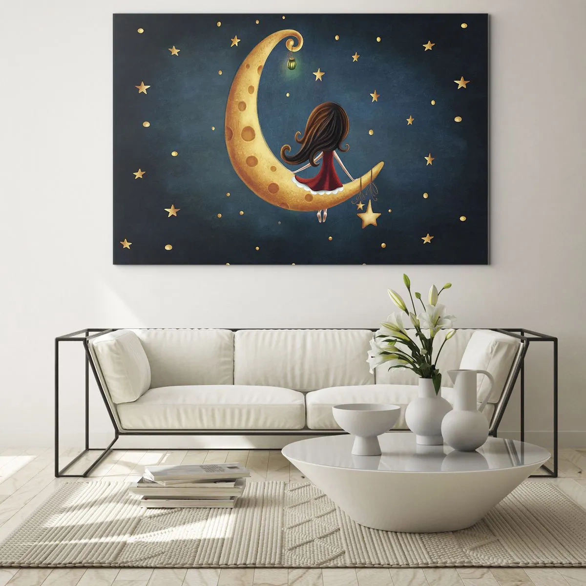 Tablou pe sticlă - O fată pe lună printre stele pe un fundal bleumarin - 70x50cm - A fost odată ca niciodată... - Decorațiune modernă pentru perete pentru living și dormitor ARTTOR