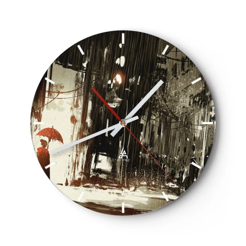 Ceas de perete - Ceas pe sticlă - O scenă cu o umbrelă pe o stradă ploioasă - 30x30cm - Poezia umbrelei roșii - Decorațiune modernă pentru perete pentru living, bucătărie și dormitor ARTTOR