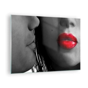 Tablou pe sticlă - Buze senzuale într-o fotografie contrastantă - 70x50cm - Față în față  - Decorațiune modernă pentru perete pentru living și dormitor ARTTOR