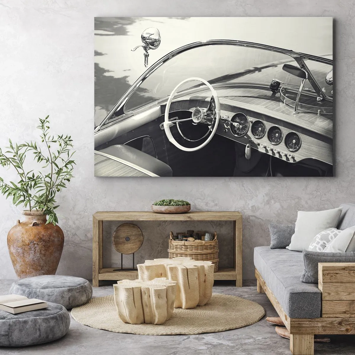 Tablou pe pânză Canvas - Interiorul unei mașini clasice în stil monocromatic - 70x50cm - E timpul pentru cei bogați - Decorațiune modernă pentru perete pentru living și dormitor ARTTOR