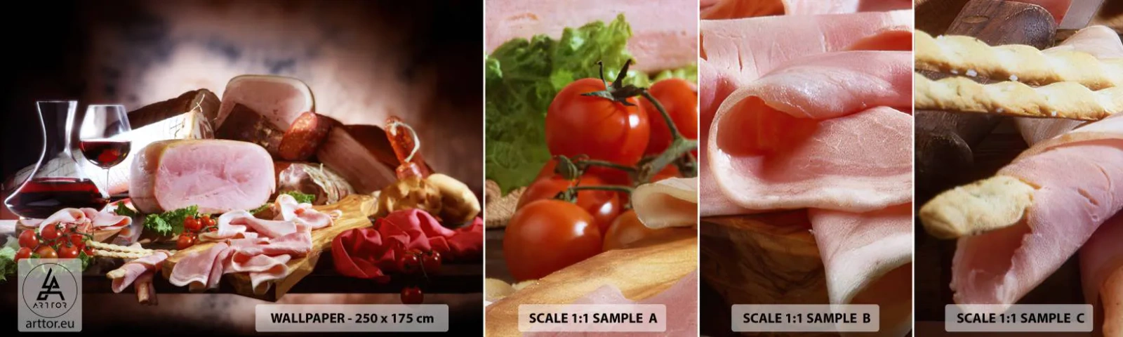 Mostră tapet autocolant Deluxe Sticker - Un vis culinar cu o carafă - Gastronomie, Carne, rosii - 100x30 cm