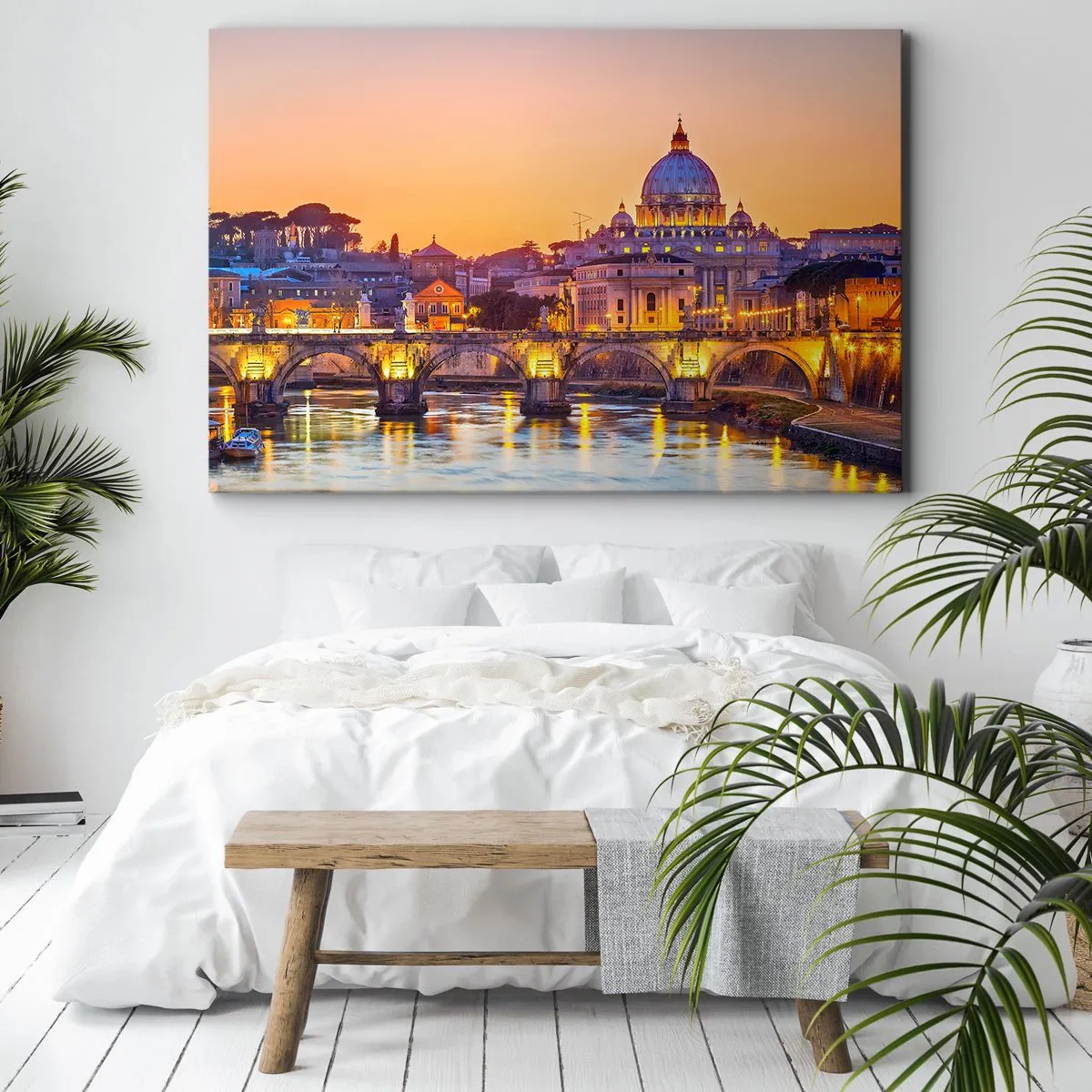 Tablou pe pânză Canvas - Panoramă a Vaticanului la apus, cu un pod peste râu - 70x50cm - Amurg deasupra Orașului Etern - Decorațiune modernă pentru perete pentru living și dormitor ARTTOR