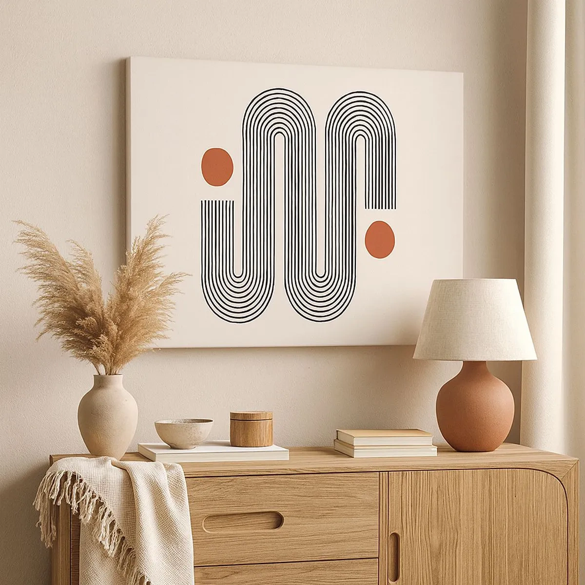 Tablou pe pânză Canvas - Model geometric cu linii și cercuri portocalii - 70x50cm - De la început până la sfârșit - Decorațiune modernă pentru perete pentru living și dormitor ARTTOR