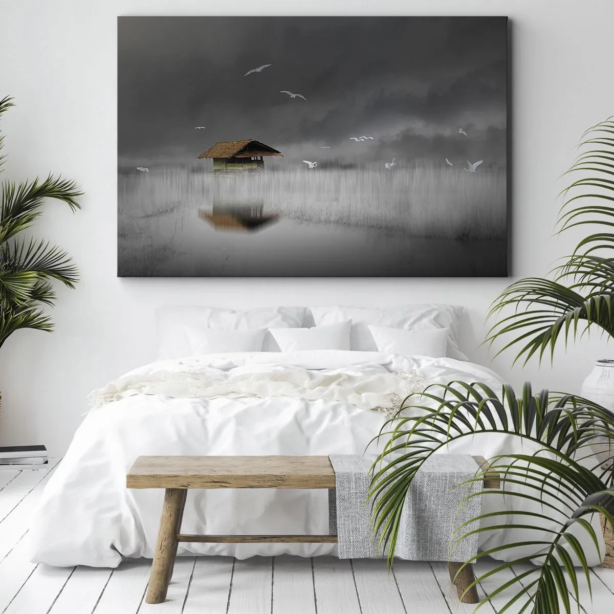 Tablou pe pânză Canvas - O căsuță singuratică pe apă, înconjurată de ceață și păsări - 70x50cm - Adăpost de ploaie - Decorațiune modernă pentru perete pentru living și dormitor ARTTOR