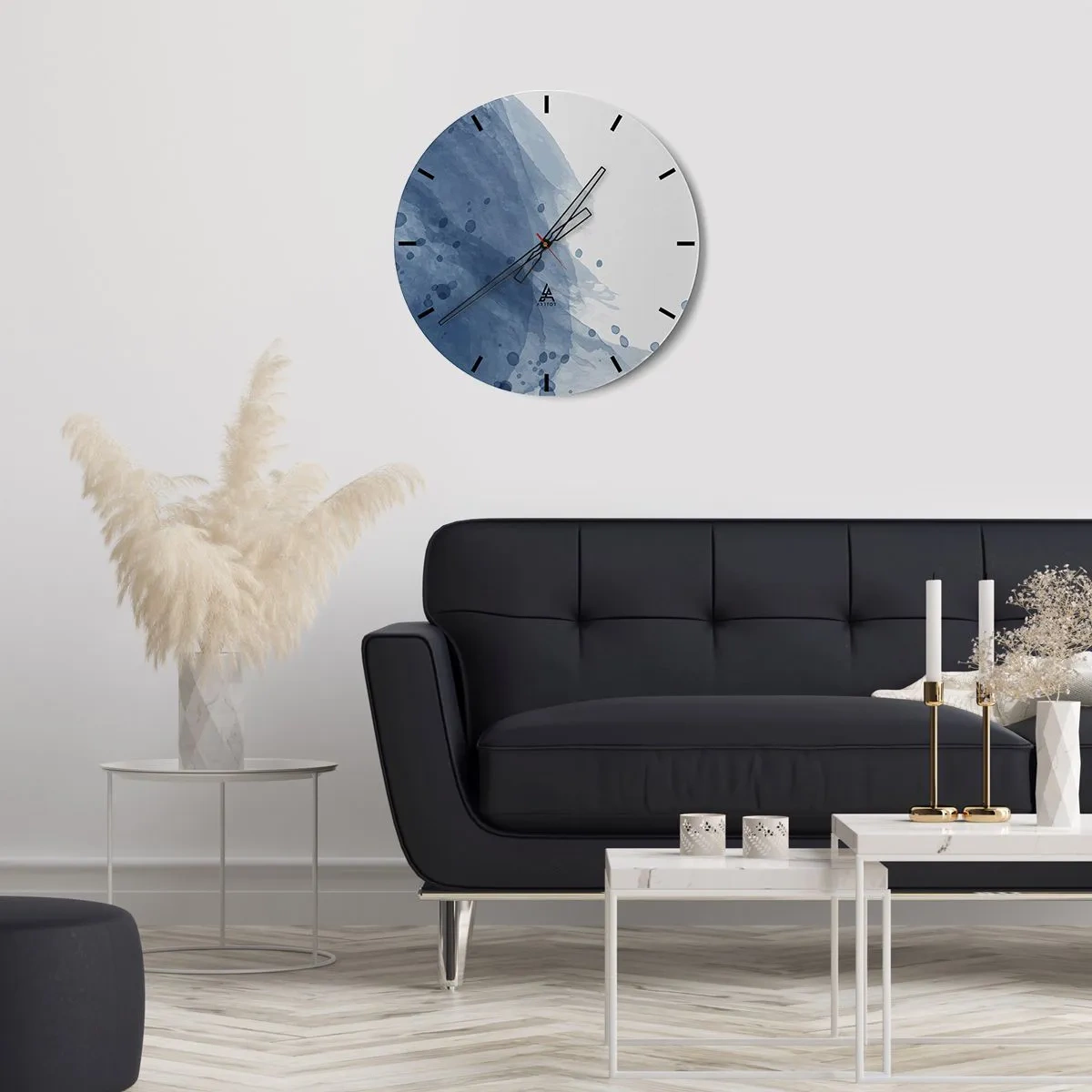 Ceas de perete - Ceas pe sticlă - Compoziție abstractă cu pete albastre pe fundal alb - 30x30cm - Tul albastru - Decorațiune modernă pentru perete pentru living, bucătărie și dormitor ARTTOR