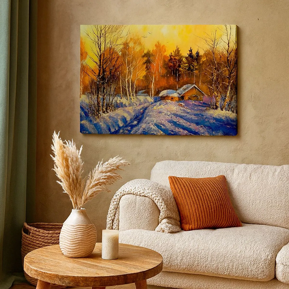 Tablou pe pânză Canvas - Peisaj de iarnă cu o casă în lumina soarelui care apune - 70x50cm - Impresie de iarnă în soare - Decorațiune modernă pentru perete pentru living și dormitor ARTTOR