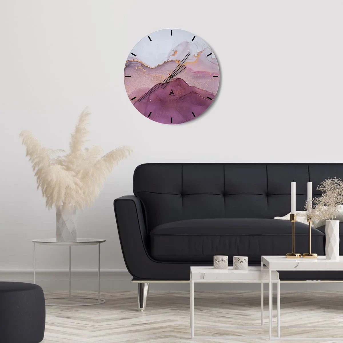 Ceas de perete - Ceas pe sticlă - Valuri abstracte în nuanțe de liliac, violet și auriu - 30x30cm - Valuri de liliac și violet - Decorațiune modernă pentru perete pentru living, bucătărie și dormitor ARTTOR