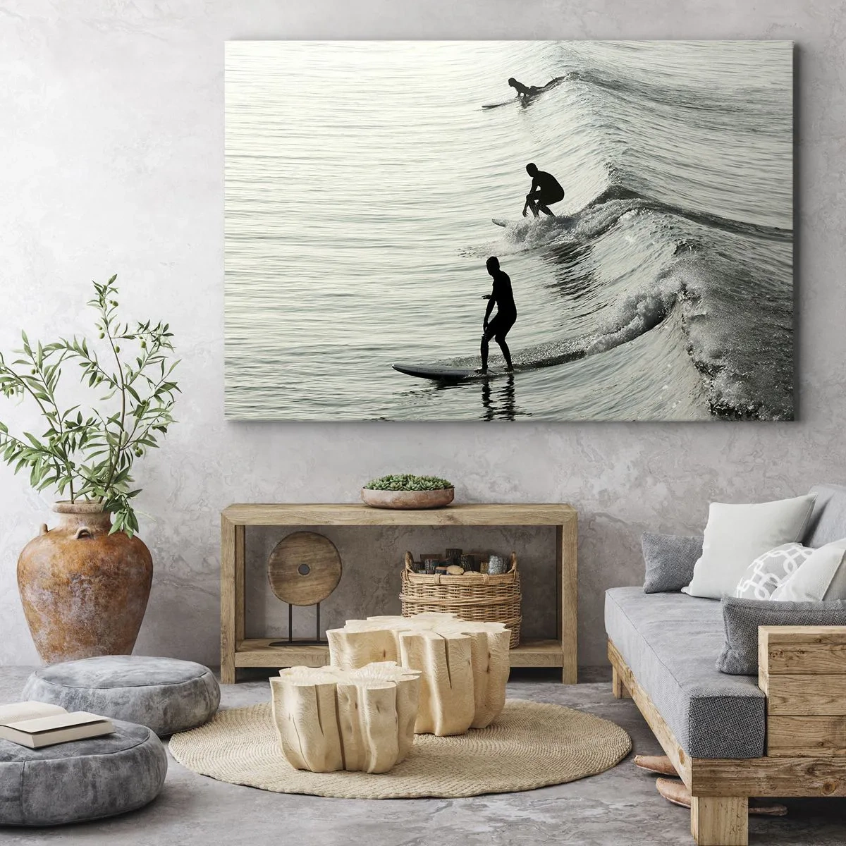 Tablou pe pânză Canvas - Surferi pe valuri într-o fotografie monocromă - 70x50cm - Pentru a întâmpina valul - Decorațiune modernă pentru perete pentru living și dormitor ARTTOR