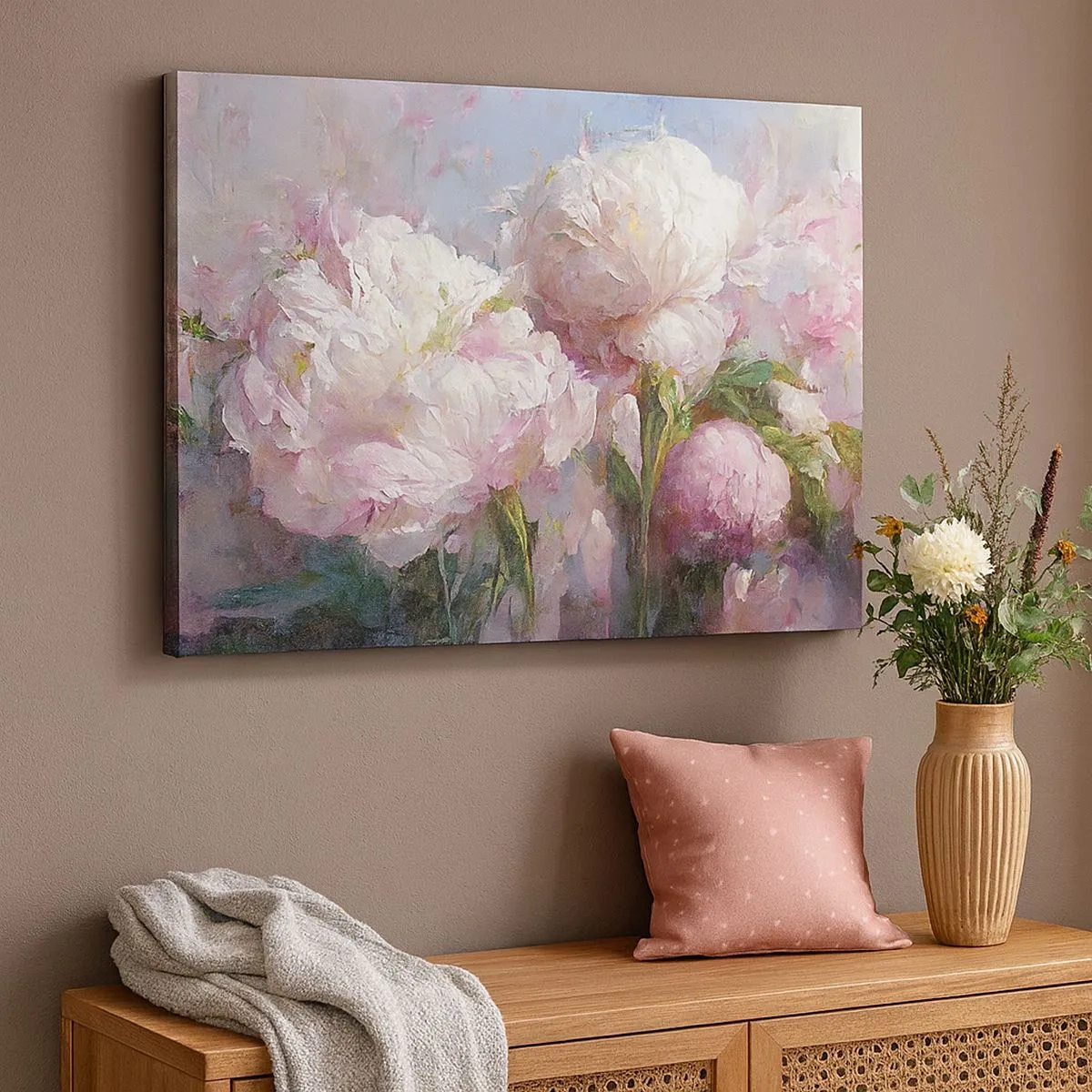 Tablou pe pânză Canvas - Flori de bujor romantice în culori pastelate - 70x50cm - Un buchet plin de viață - Decorațiune modernă pentru perete pentru living și dormitor ARTTOR