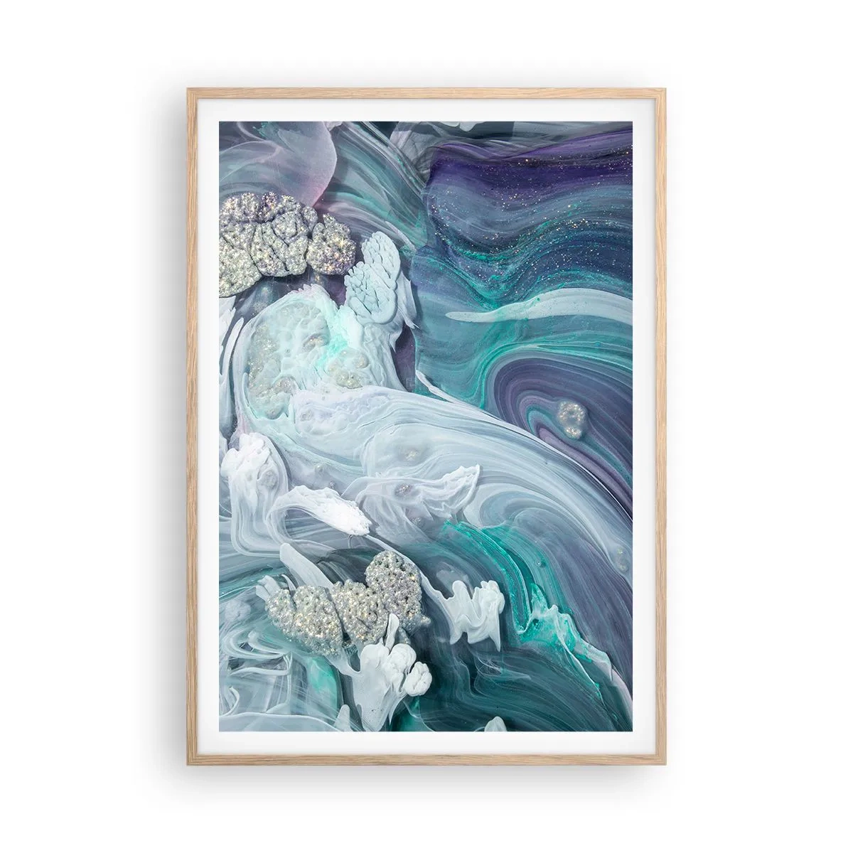 Poster în ramă de stejar deschis - Râuri de albastru - 70x100 cm