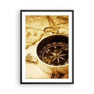 Poster în ramă neagră - O busolă pe un fundal de hartă în tonuri sepia - 50x70cm - Est sau vest? - Decorațiune modernă pentru perete pentru living și dormitor ARTTOR