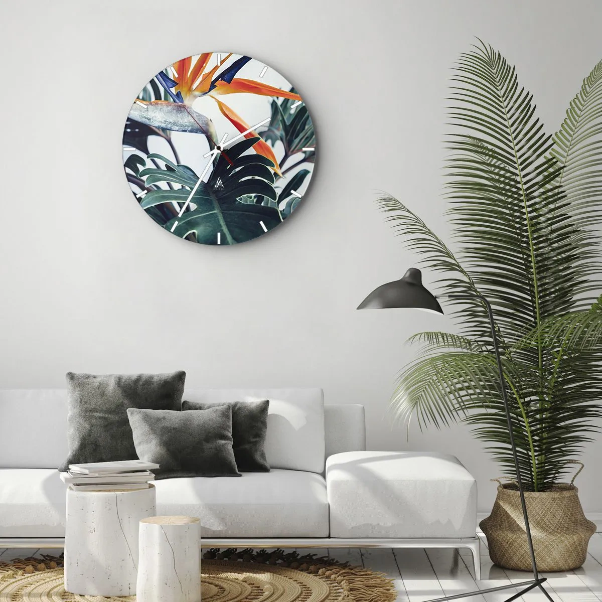 Ceas de perete - Ceas pe sticlă - Frunze tropicale și o floare de strelitzia pe un fundal deschis - 30x30cm - Tufiș sau pasăre? - Decorațiune modernă pentru perete pentru living, bucătărie și dormitor ARTTOR