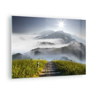 Tablou pe sticlă - Peisaj montan cu ceață și scări care duc spre vârf - 70x50cm - Tot spre nori - Decorațiune modernă pentru perete pentru living și dormitor ARTTOR