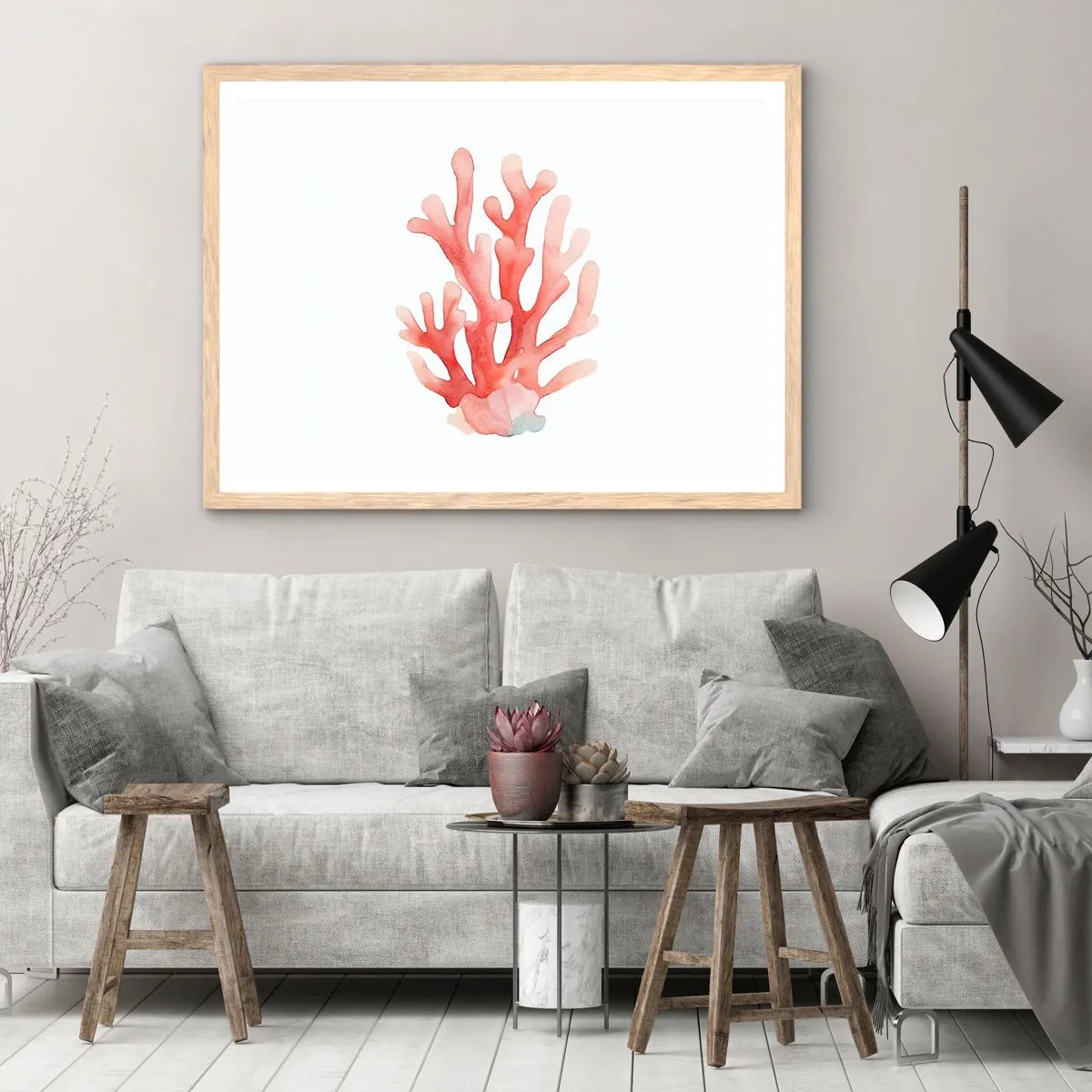 Poster în ramă de stejar deschis - Culoare de coral - 50x40 cm