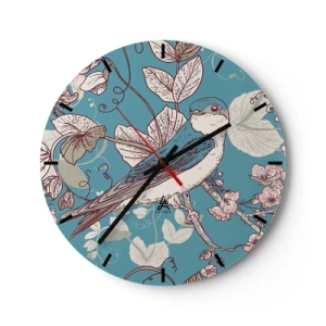 Ceas de perete - Ceas pe sticlă - Un cadran de ceas cu motiv de pasăre înconjurat de frunze și flori în culori delicate. - 30x30cm - Ciripit în florile albe - Decorațiune modernă pentru perete pentru living, bucătărie și dormitor ARTTOR