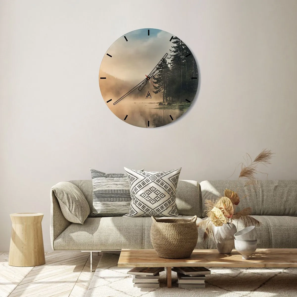 Ceas de perete - Ceas pe sticlă - Un peisaj forestier învăluit în ceață peste un lac liniștit - 30x30cm - Nașterea unei zile - Decorațiune modernă pentru perete pentru living, bucătărie și dormitor ARTTOR