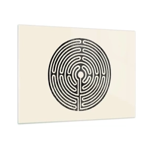 Tablou pe sticlă - Un labirint alb-negru, în formă circulară, pe un fundal deschis. - 70x50cm - Ordine secretă - Decorațiune modernă pentru perete pentru living și dormitor ARTTOR