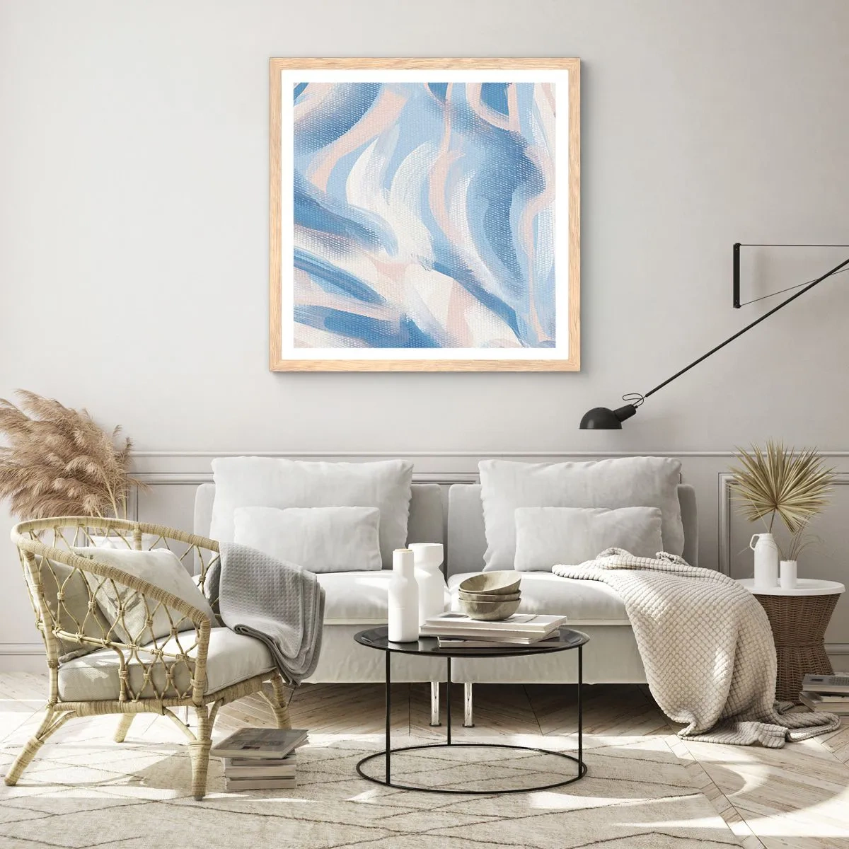 Poster în ramă de stejar deschis - Undele albastre - 40x40 cm