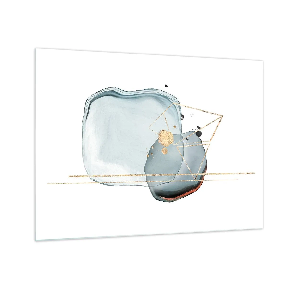 Tablou pe sticlă - Abstracție modernă cu picături și linii geometrice aurii - 70x50cm - Studiul picăturii - Decorațiune modernă pentru perete pentru living și dormitor ARTTOR