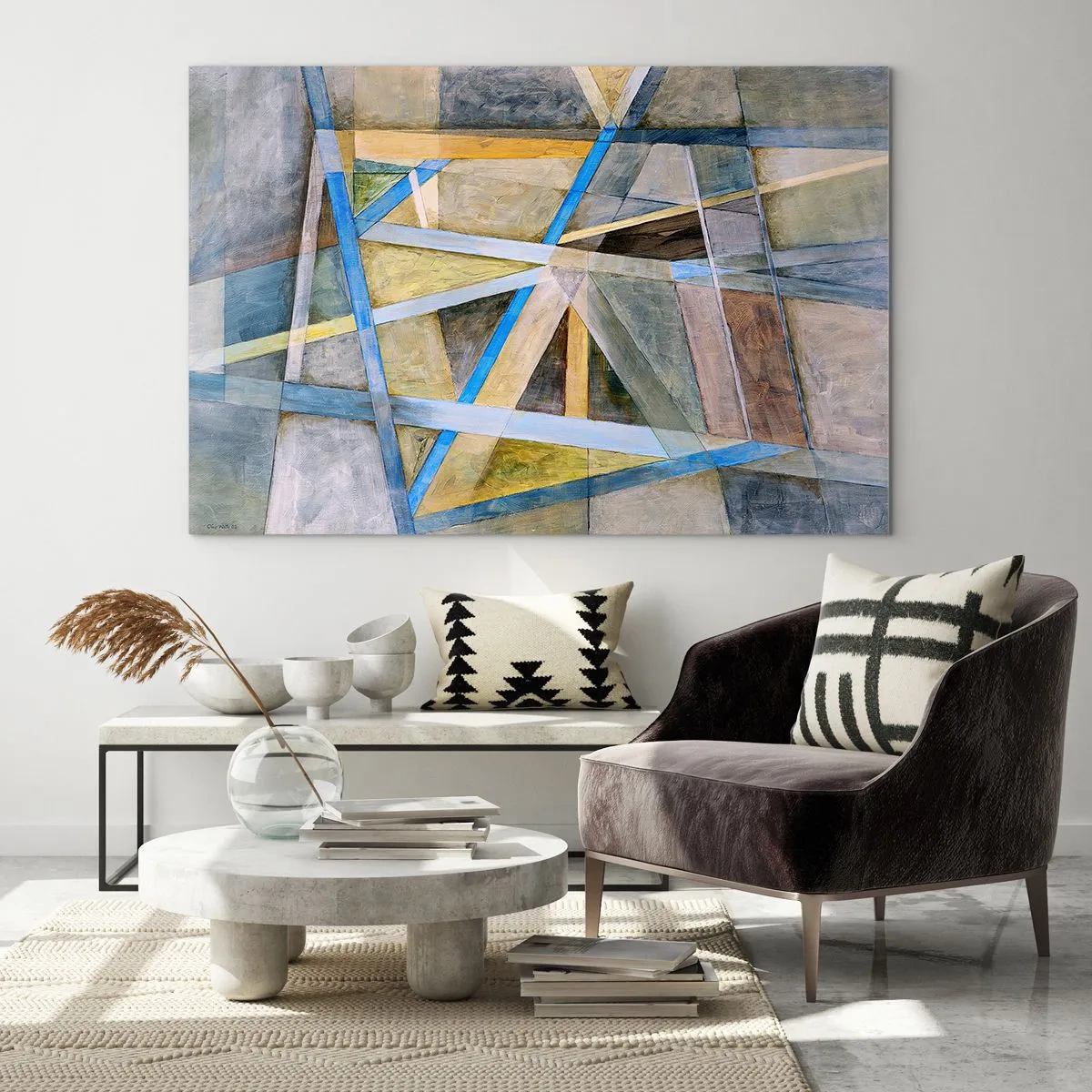 Tablou pe sticlă - Compoziție abstractă cu forme geometrice - 70x50cm - Drept sau de-a curmezișul? - Decorațiune modernă pentru perete pentru living și dormitor ARTTOR