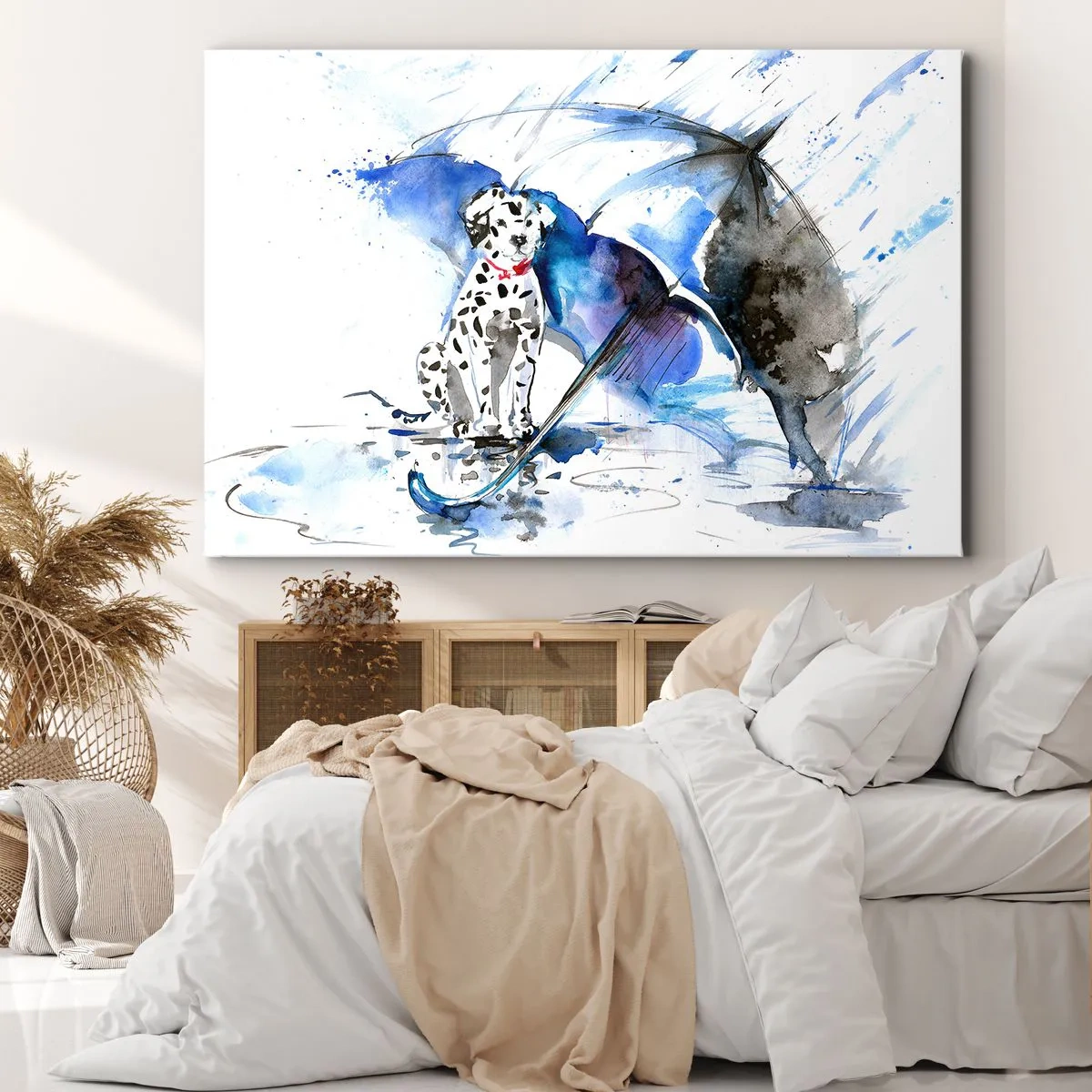 Tablou pe pânză Canvas - Pictură în acuarelă a unui câine dalmațian cu o umbrelă în fundal - 70x50cm - Pentru asta sunt prietenii - Decorațiune modernă pentru perete pentru living și dormitor ARTTOR