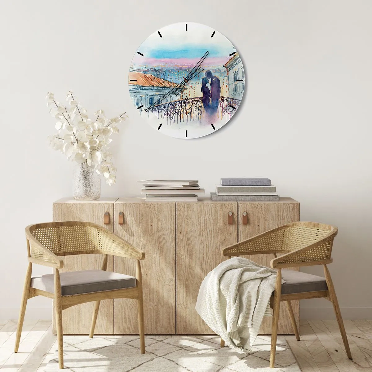 Ceas de perete - Ceas pe sticlă - Cuplu romantic pe un balcon cu vedere la oraș - 30x30cm - Iubiți parizieni - Decorațiune modernă pentru perete pentru living, bucătărie și dormitor ARTTOR