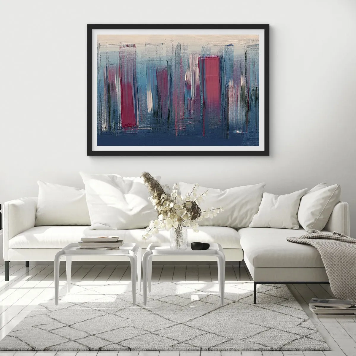 Poster în ramă neagră - Compoziție verticală în albastru și roșu - 70x50 cm