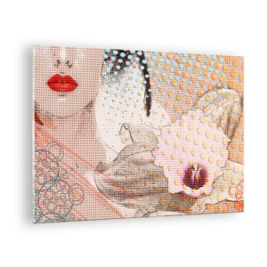 Tablou pe sticlă - Ilustrație a unui portret al unei femei cu o floare în fundal în stil pop art - 70x50cm - Eroină de benzi desenate - Decorațiune modernă pentru perete pentru living și dormitor ARTTOR