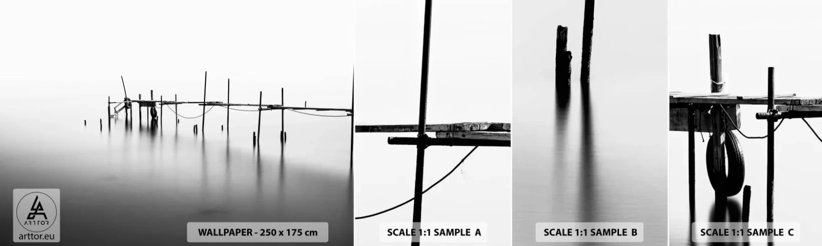 Mostră de Tapet Standard Eco - Și dacă lumea nu ar exista? - Peisaj, Pod de lemn, alb-negru - 100x30 cm