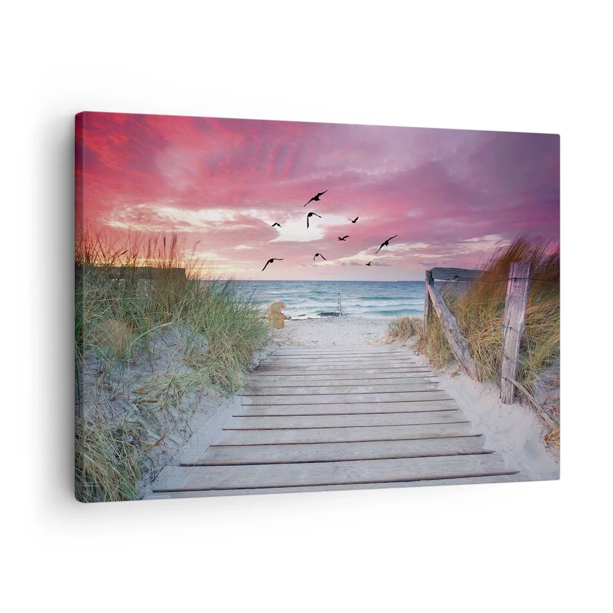 Tablou pe pânză Canvas - Cale de lemn pe plajă la apusul roz - 70x50cm - Impresie baltică - Decorațiune modernă pentru perete pentru living și dormitor ARTTOR