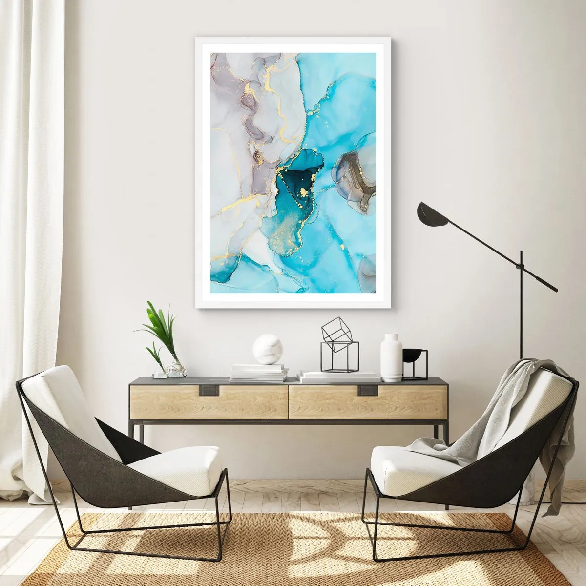 Poster în ramă albă - Un studiu al întâlnirii dintre gri și turcoaz - 61x91 cm