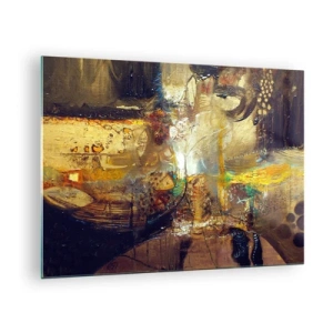 Tablou pe sticlă - Compoziție abstractă în nuanțe de auriu și maro - 70x50cm - Rece, călduț, fierbinte - Decorațiune modernă pentru perete pentru living și dormitor ARTTOR