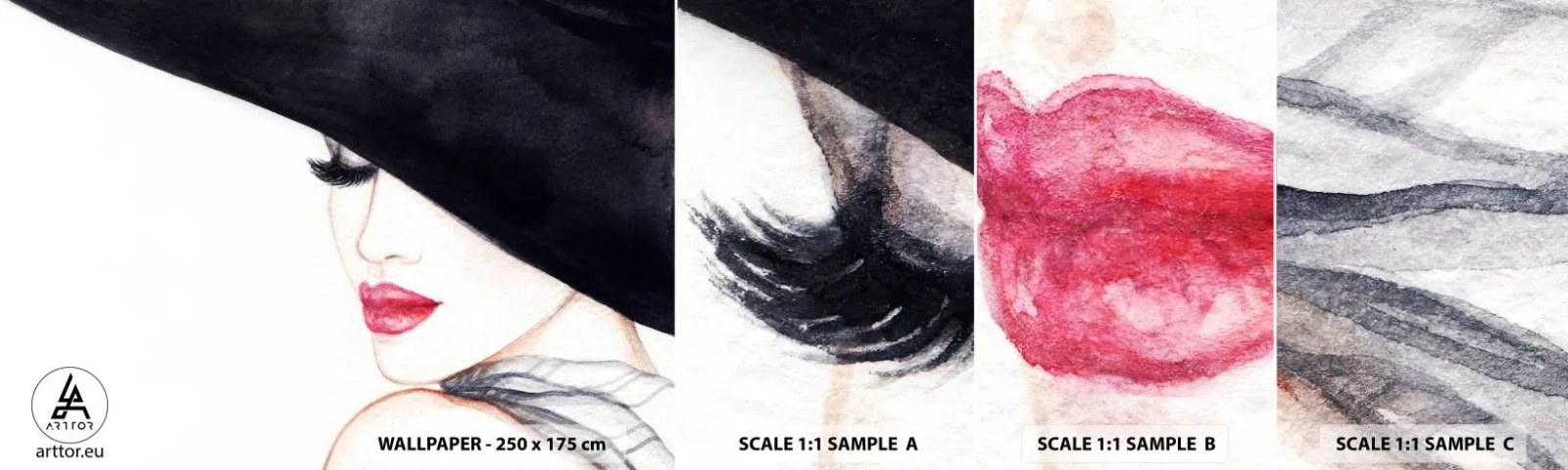 Mostră tapet autocolant Deluxe Sticker - Eleganță și senzualitate - Femeie, buze rosii, Pălărie neagră - 100x30 cm