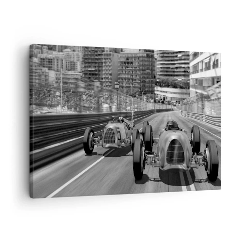 Tablou pe pânză Canvas - Scenă de cursă auto retro monocromă - 70x50cm - A fost odată ca niciodată în Monte Carlo - Decorațiune modernă pentru perete pentru living și dormitor ARTTOR