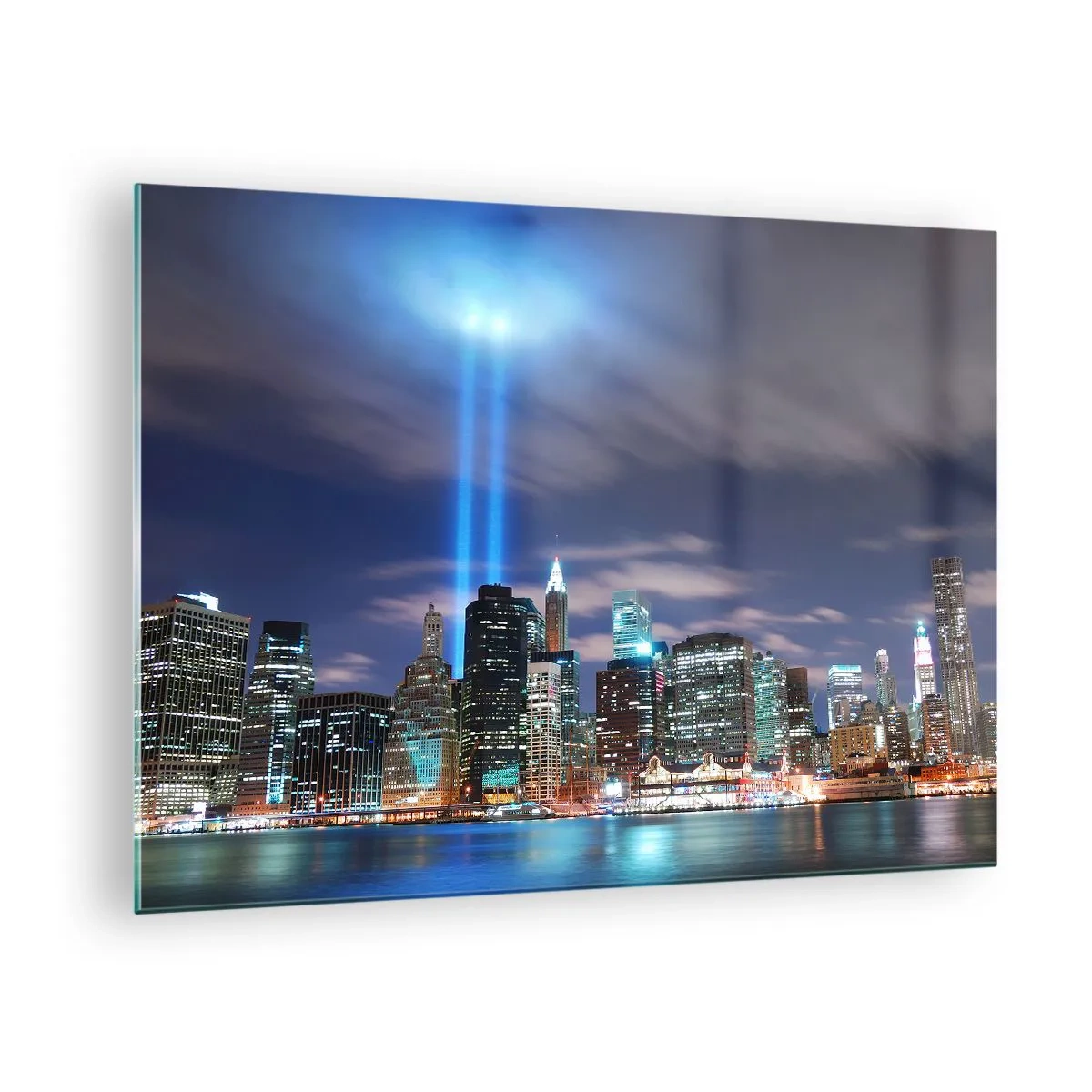 Tablou pe sticlă - Panoramă de seară a orașului cu reflectoare - 70x50cm - Întinde-te spre cer cu lumină - Decorațiune modernă pentru perete pentru living și dormitor ARTTOR
