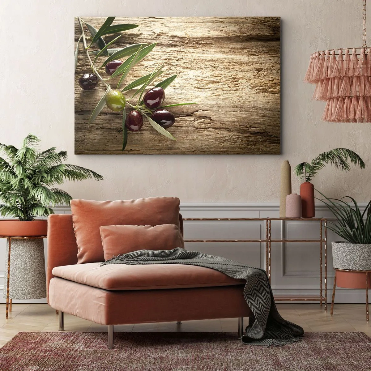 Tablou pe pânză Canvas - ramură de măslin cu fructe pe un fundal de lemn învechit - 70x50cm - Direct din natură - Decorațiune modernă pentru perete pentru living și dormitor ARTTOR