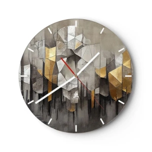 Ceas de perete - Ceas pe sticlă - Structură geometrică cu nuanțe de gri și auriu - 30x30cm - Compoziție de gheață și lumină - Decorațiune modernă pentru perete pentru living, bucătărie și dormitor ARTTOR