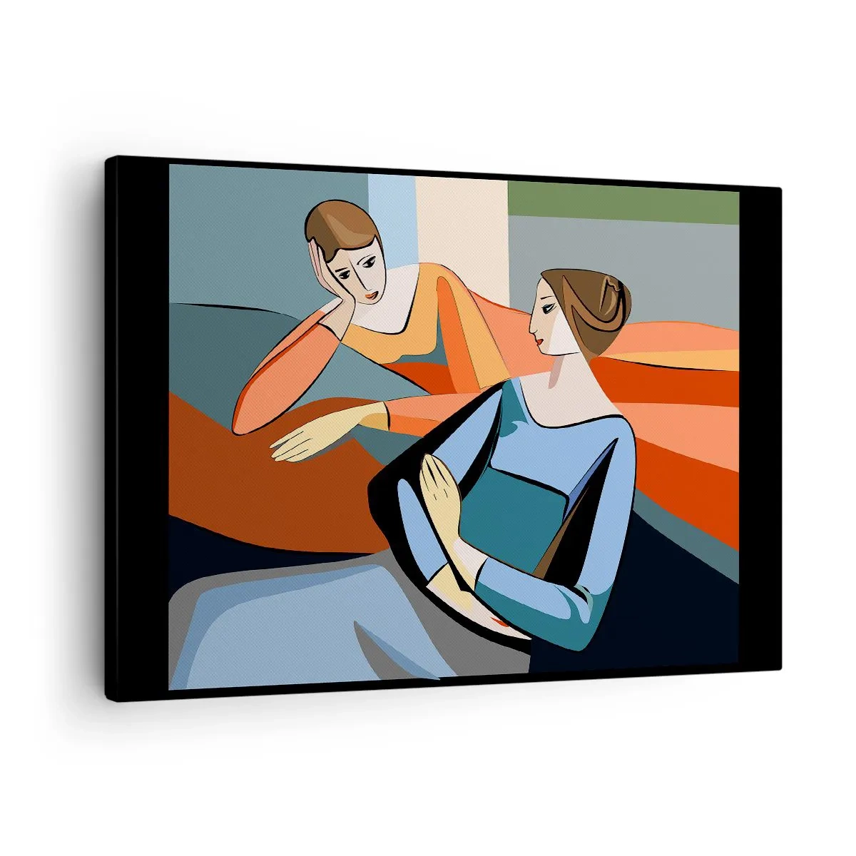 Tablou pe pânză Canvas - Ilustrație abstractă a două femei în stil cubist - 70x50cm - Un moment de confidențe - Decorațiune modernă pentru perete pentru living și dormitor ARTTOR