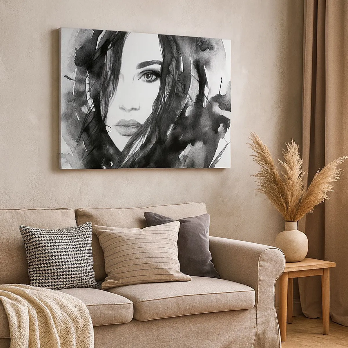 Tablou pe pânză Canvas - Portretul unei femei în acuarelă alb-negru - 70x50cm - Studiu unei dame în alb și negru - Decorațiune modernă pentru perete pentru living și dormitor ARTTOR