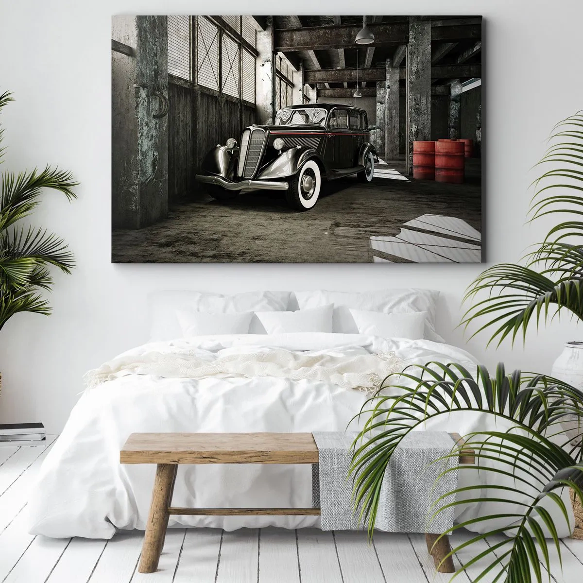 Tablou pe pânză Canvas - Mașină retro elegantă într-un depozit de materii prime - 70x50cm - Eleganța eternă a anilor `30 - Decorațiune modernă pentru perete pentru living și dormitor ARTTOR