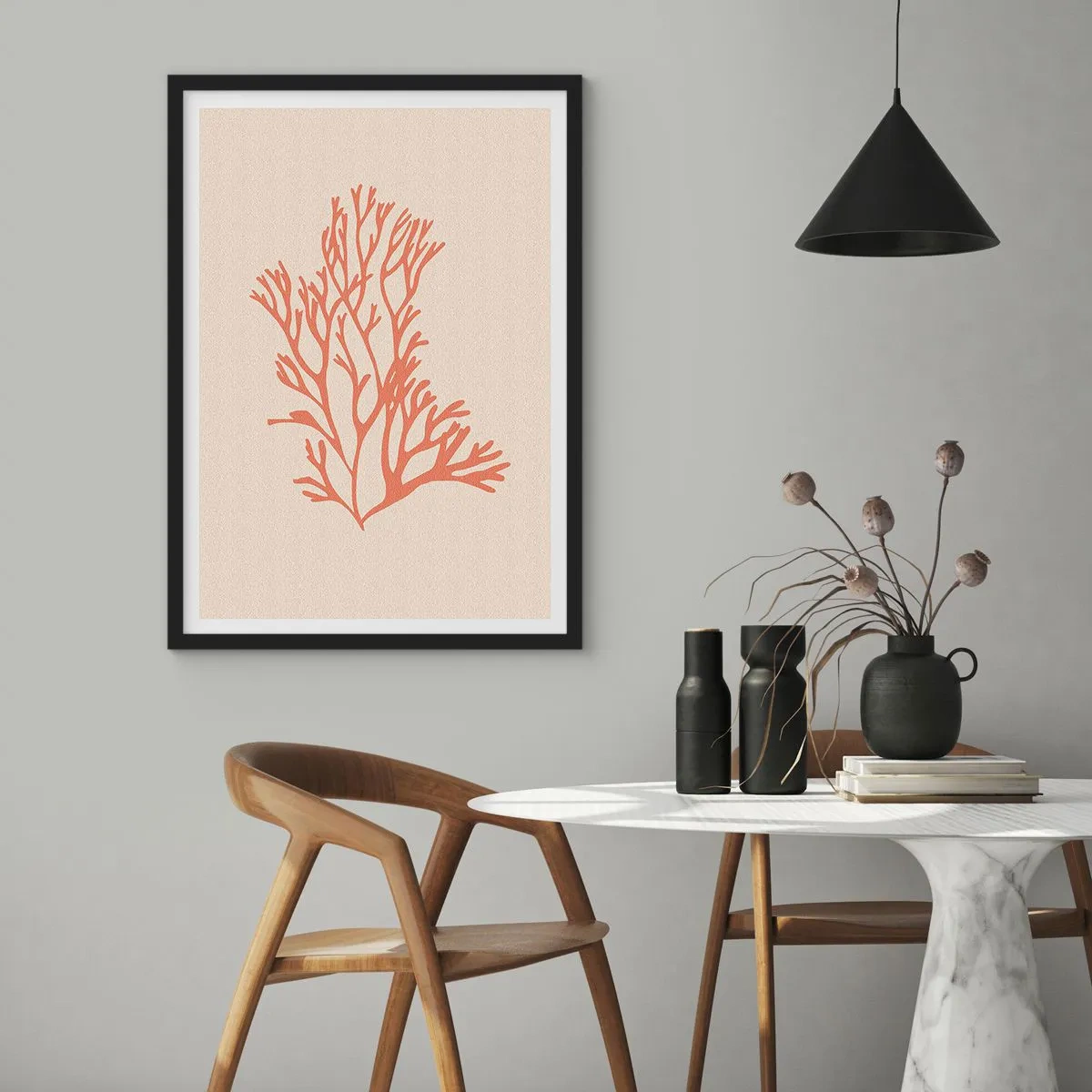 Poster în ramă neagră - O ilustrație delicată a coralului pe un fundal deschis - 50x70cm - Coral filigranat - Decorațiune modernă pentru perete pentru living și dormitor ARTTOR