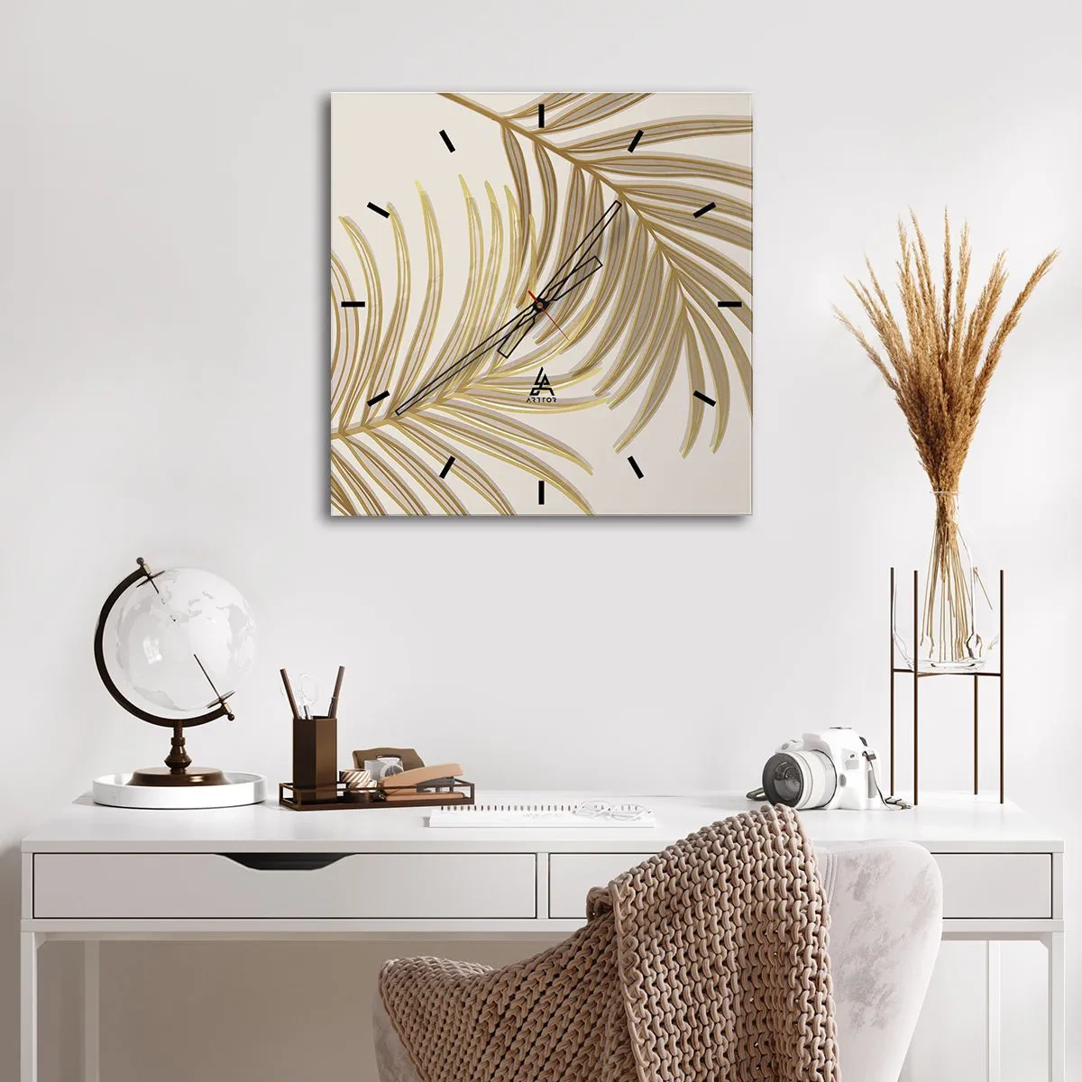 Ceas de perete - Ceas pe sticlă - Palmier de aur! - 40x40 cm