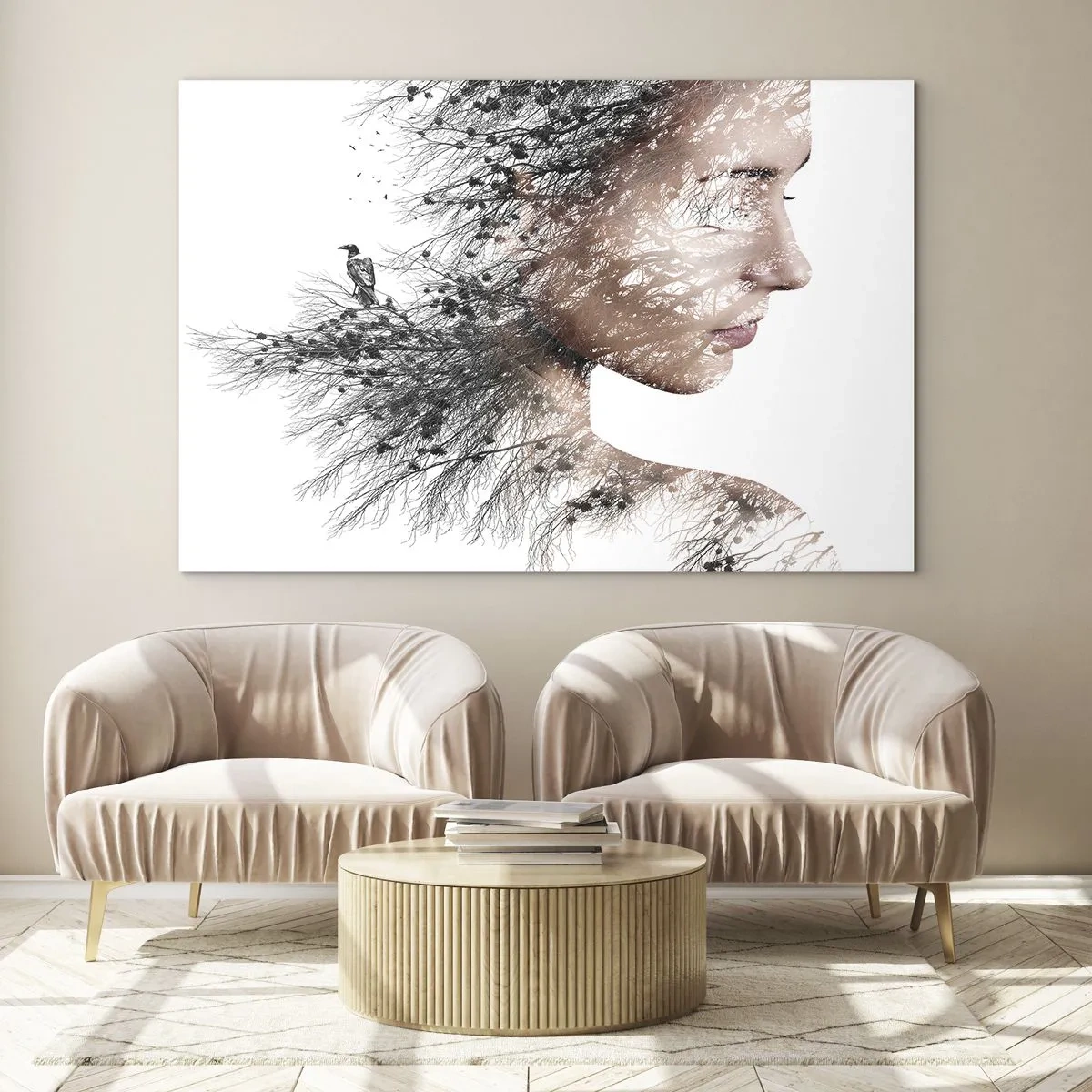 Tablou pe sticlă - Portretul unei femei cu ramuri în fundal - 70x50cm - Spiritul pădurii - Decorațiune modernă pentru perete pentru living și dormitor ARTTOR