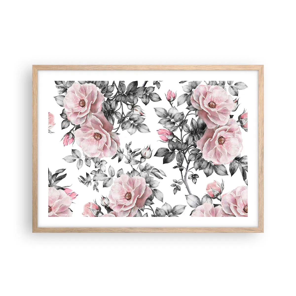 Poster în ramă de stejar deschis - Pierde-te în florile de trandafir - 70x50 cm